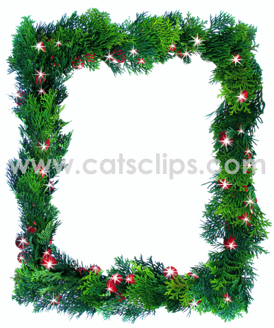 Green arborvitae with glittering red berries in a holiday animated GIF border.