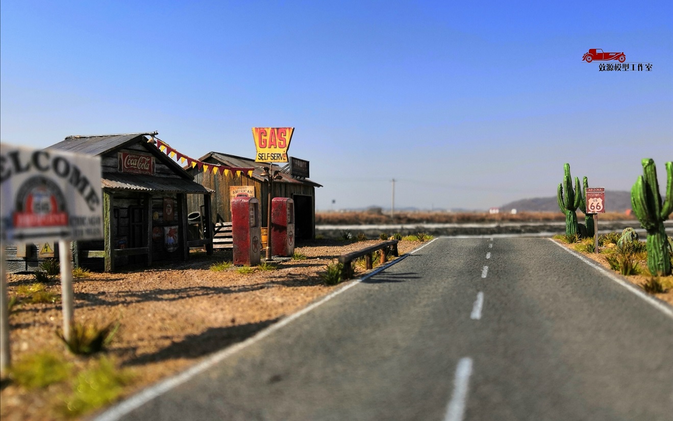 1/64 Scale Route 66 Diorama, Suitable for 1:64 Die-cast scale model cars, classic Route 66 Decor old windmill, Coca Cola, Gas station, Western style, Cactus. welcome Route 66..