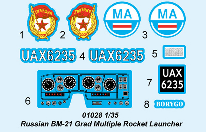 TRUMPETER 01028, 1/35 Scale Model Russian BM-21 Grad Multiple Rocket Launcher Plastic Model Kit.