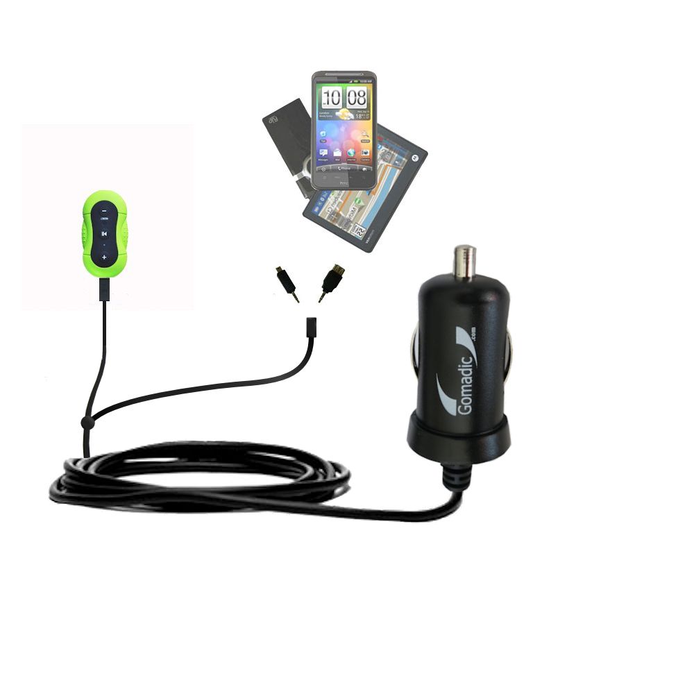 mini Double Car Charger with tips including compatible with the Aerb Waterproof MP3 Player