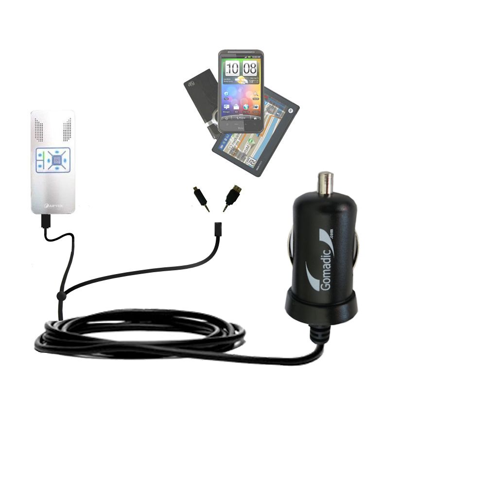 Double Port Micro Gomadic Car / Auto DC Charger suitable for the Aiptek PocketCinema V10 plus - Charges up to 2 devices simultaneously with Gomadic TipExchange Technology