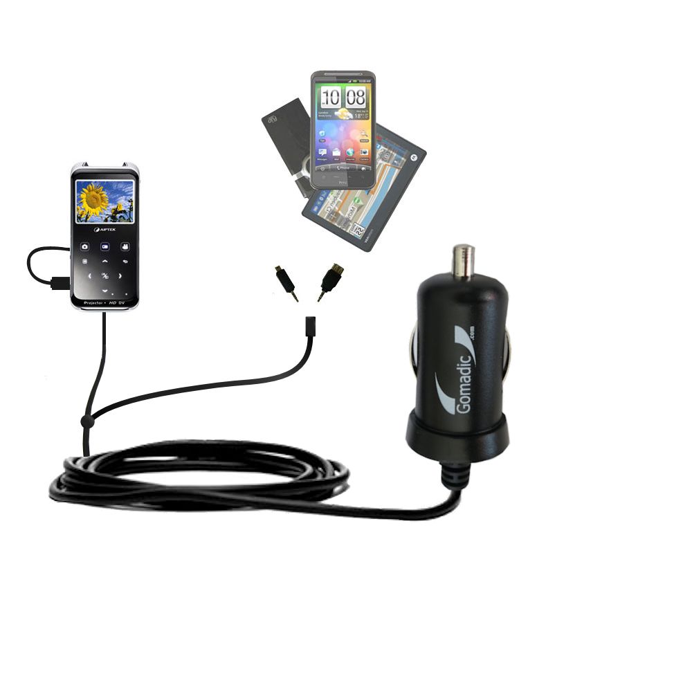 mini Double Car Charger with tips including compatible with the Aiptek PocketCinema z20 Pro