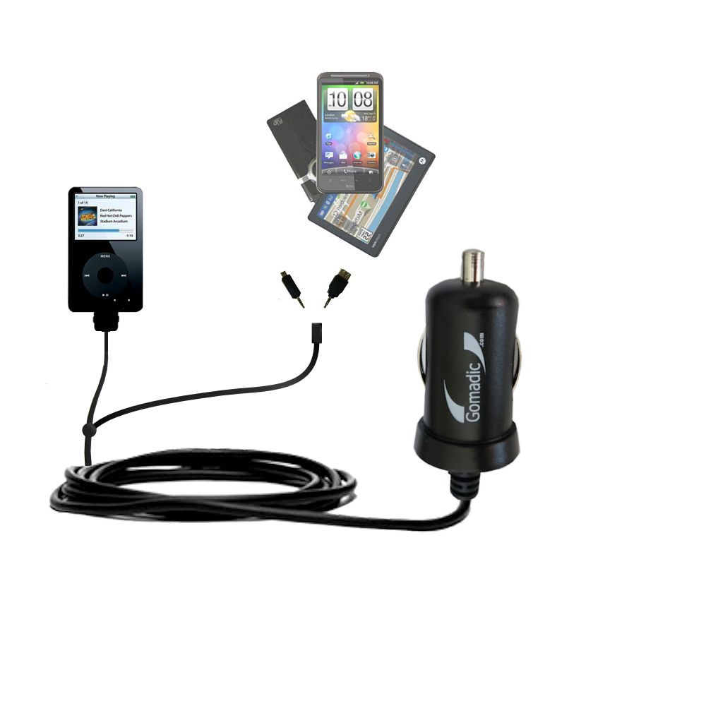 mini Double Car Charger with tips including compatible with the Apple iPod 80GB