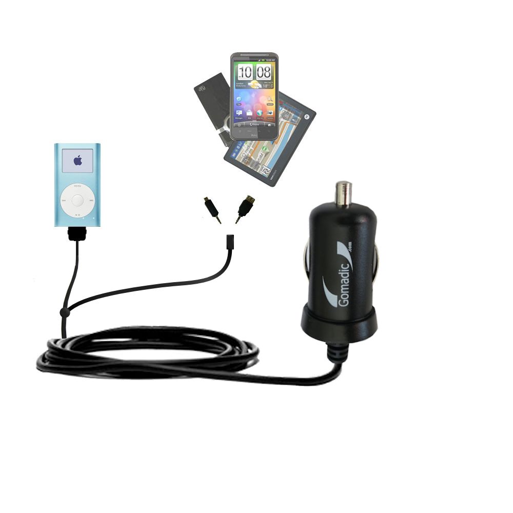 mini Double Car Charger with tips including compatible with the Apple iPod Mini