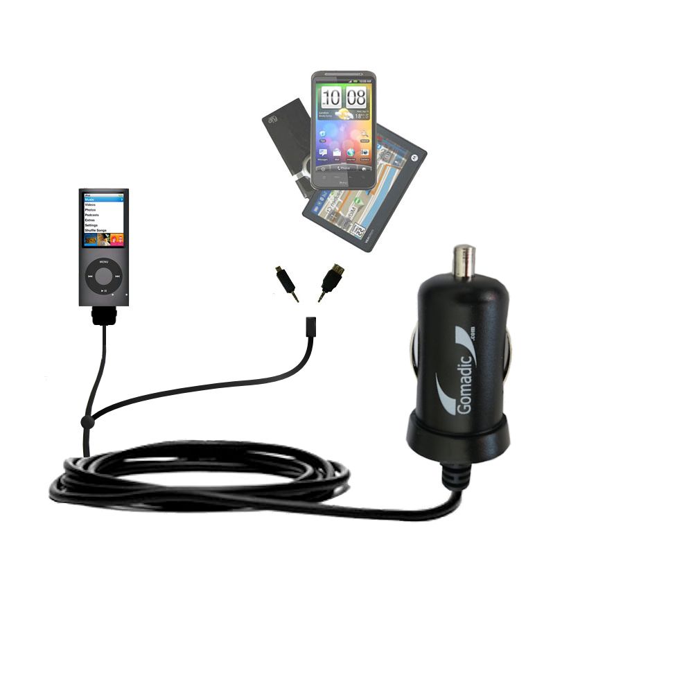 mini Double Car Charger with tips including compatible with the Apple iPod Nano