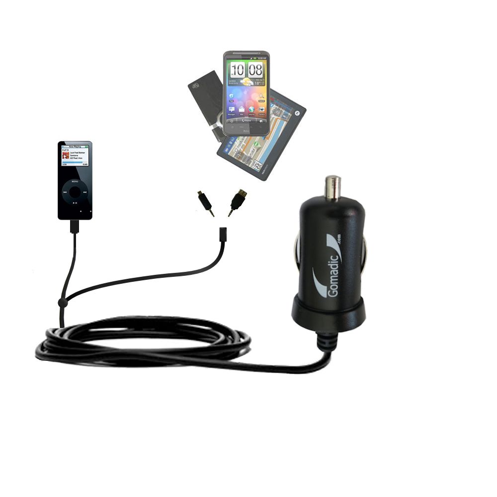 mini Double Car Charger with tips including compatible with the Apple Nano (2GB)