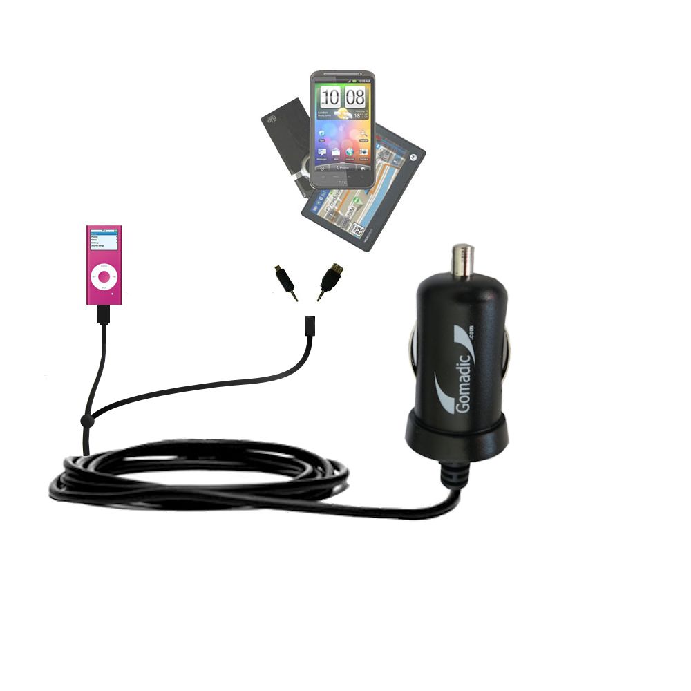 mini Double Car Charger with tips including compatible with the Apple Nano (4GB)