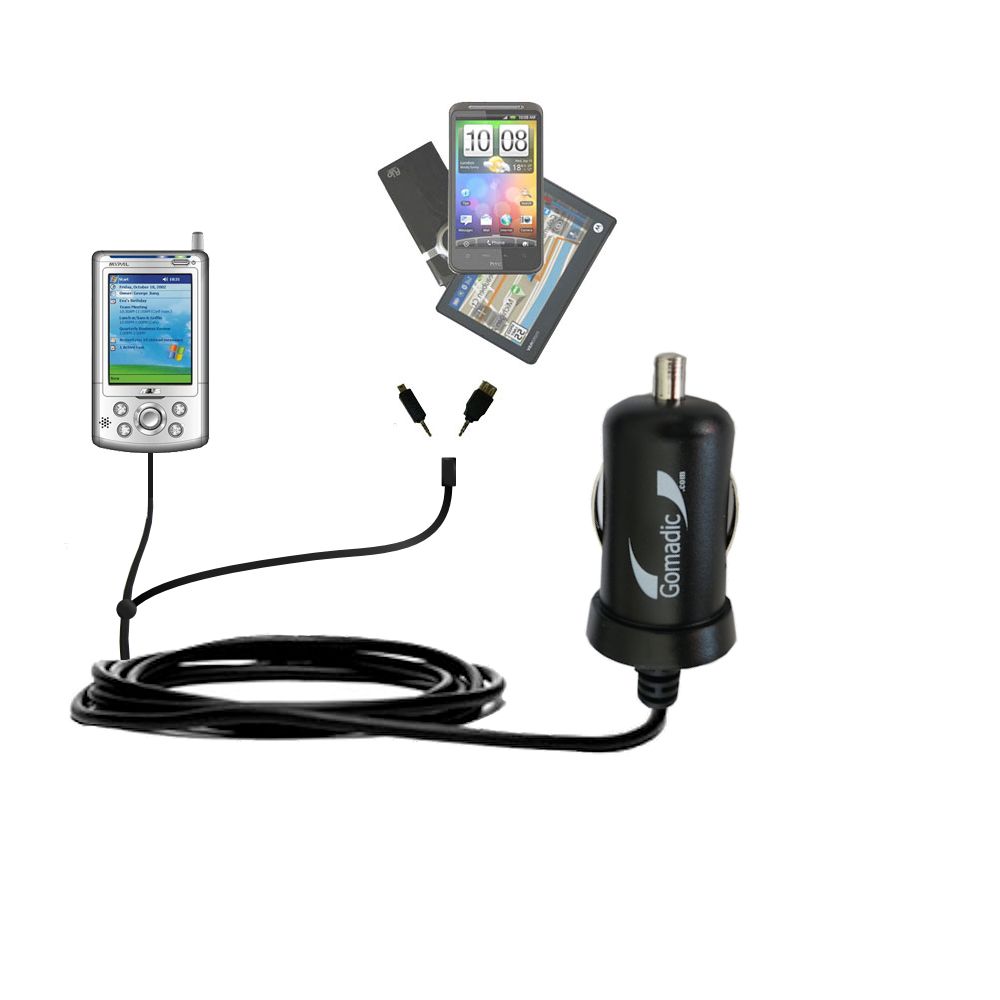 Double Port Micro Gomadic Car / Auto DC Charger suitable for the Asus MyPal A716 A730 A730w - Charges up to 2 devices simultaneously with Gomadic TipExchange Technology