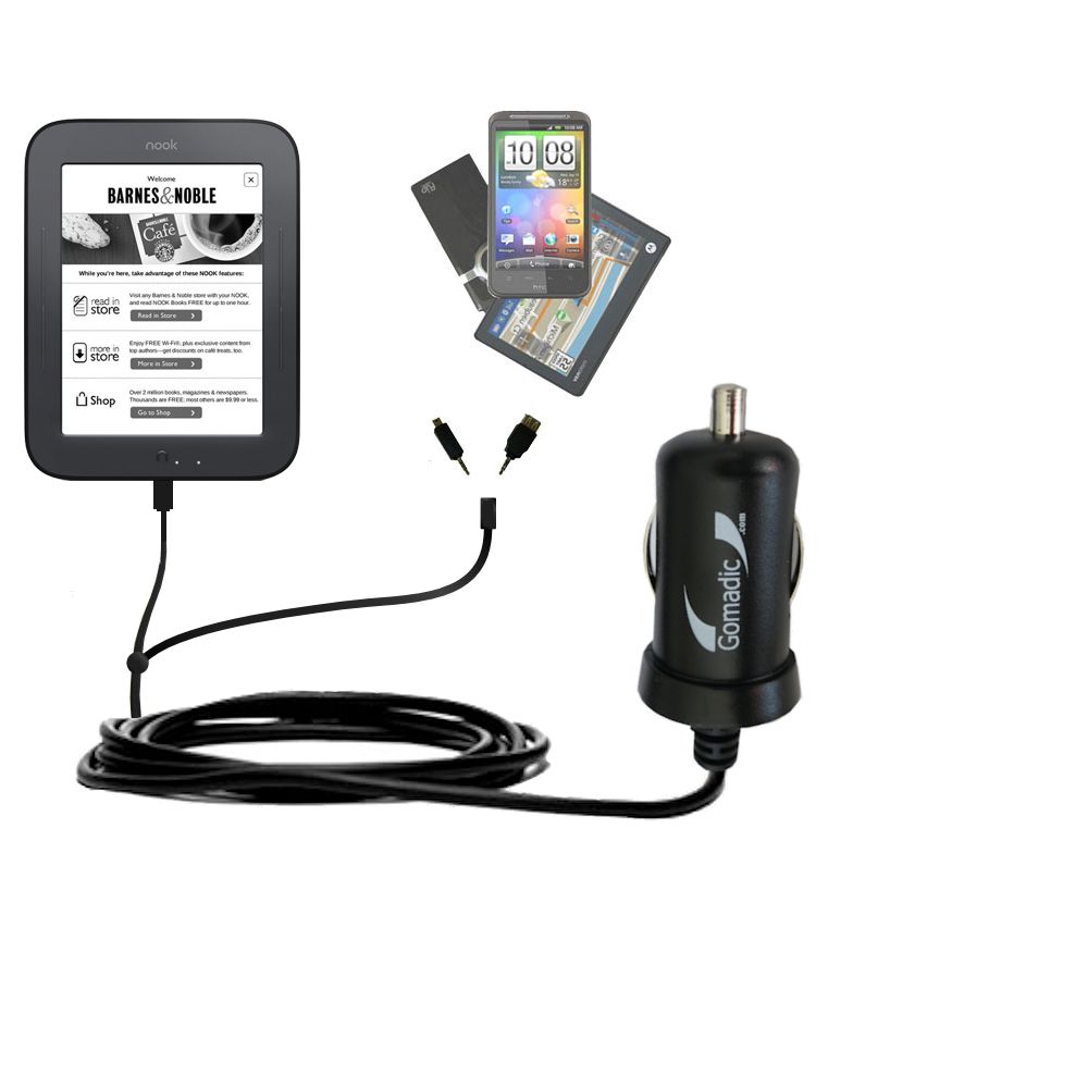 mini Double Car Charger with tips including compatible with the Barnes and Noble Nook Touch Reader