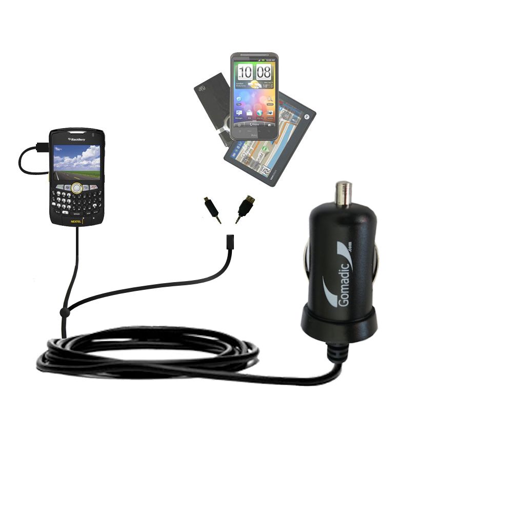 mini Double Car Charger with tips including compatible with the Blackberry 8350i