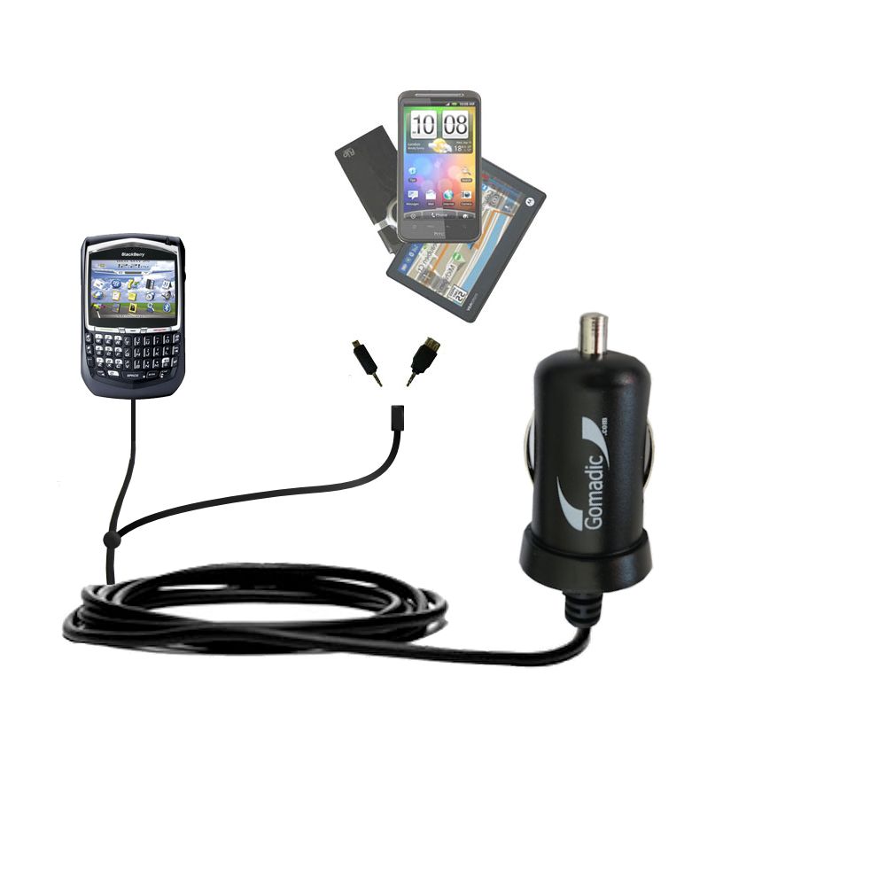 mini Double Car Charger with tips including compatible with the Blackberry 8700 8700g 8700e 8700r