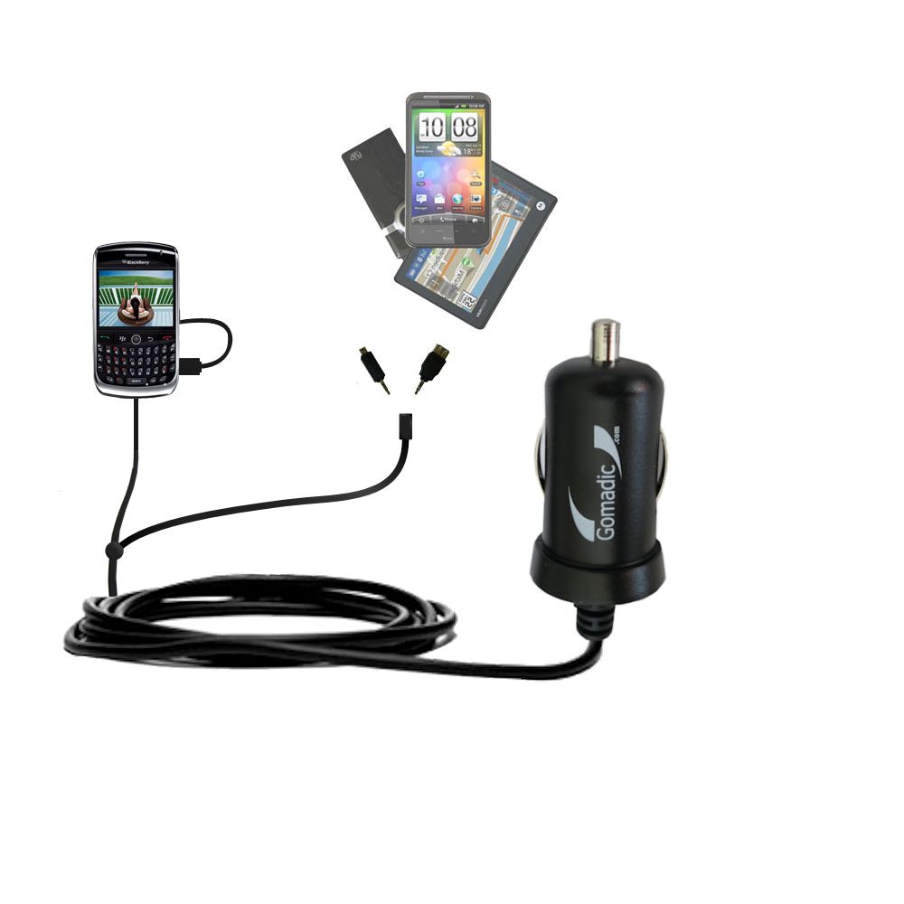 mini Double Car Charger with tips including compatible with the Blackberry 8900