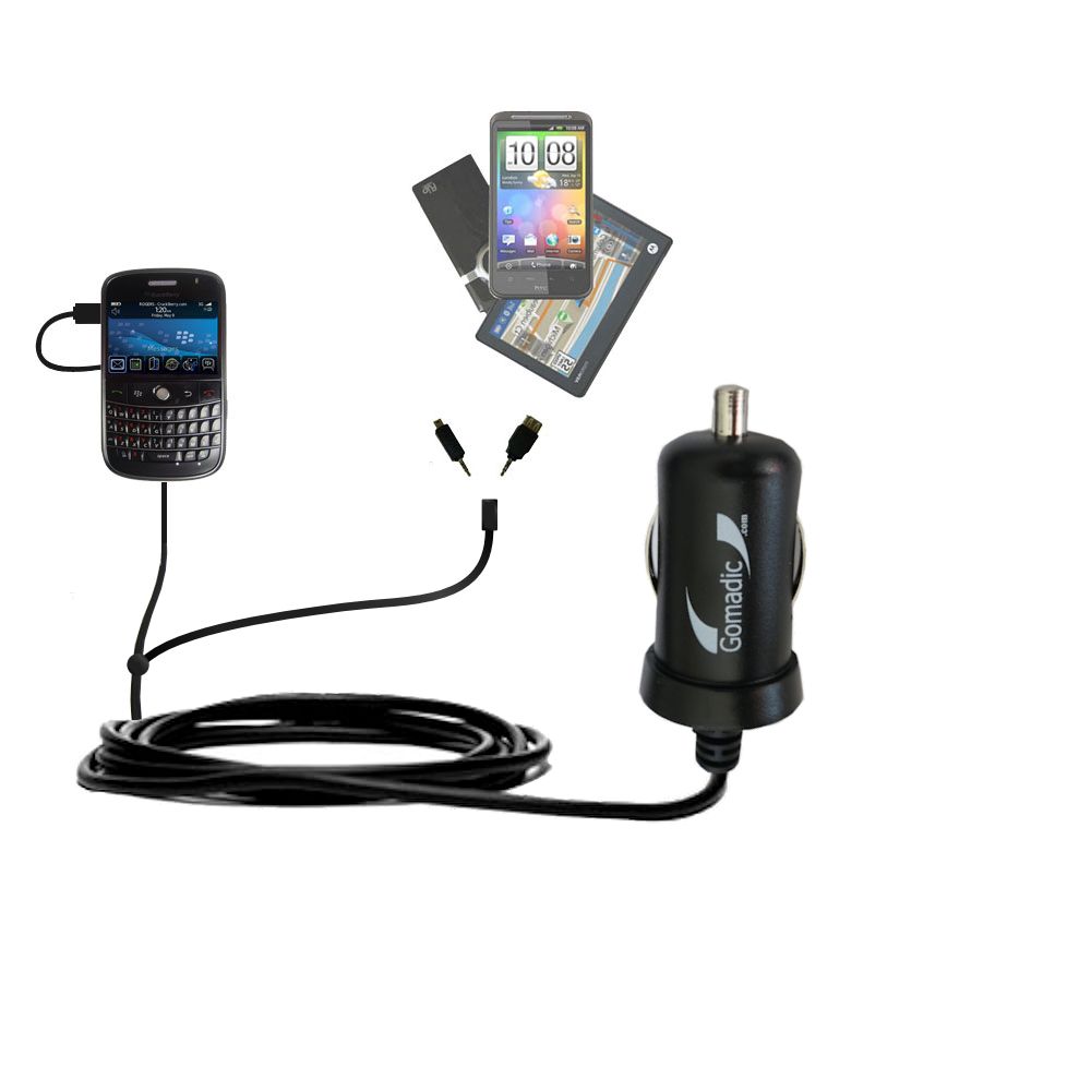 mini Double Car Charger with tips including compatible with the Blackberry 9000