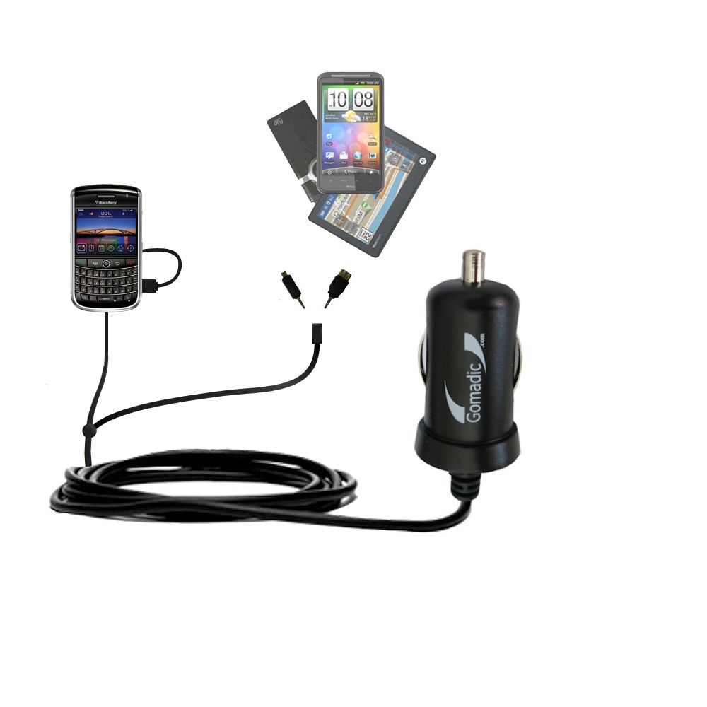 mini Double Car Charger with tips including compatible with the Blackberry 9630