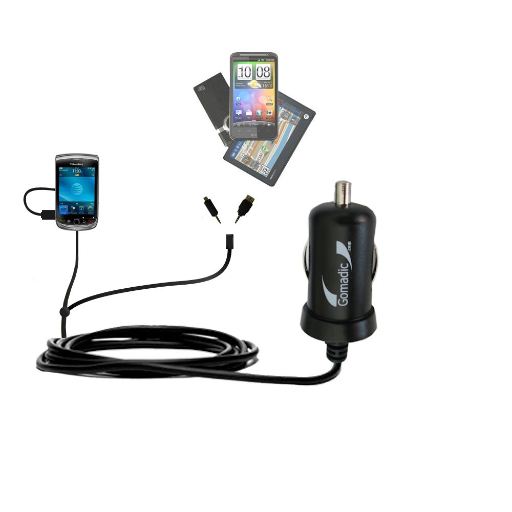 mini Double Car Charger with tips including compatible with the Blackberry 9800