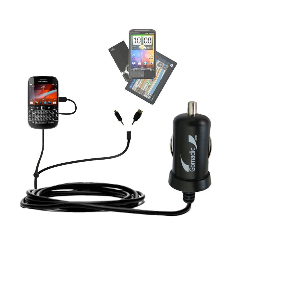 mini Double Car Charger with tips including compatible with the Blackberry 9900 9930