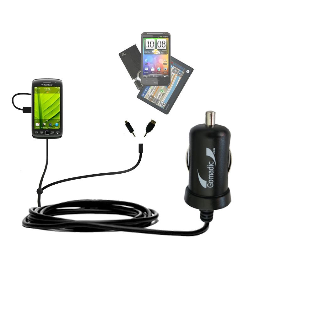 Double Port Micro Gomadic Car / Auto DC Charger suitable for the Blackberry Monaco - Charges up to 2 devices simultaneously with Gomadic TipExchange Technology