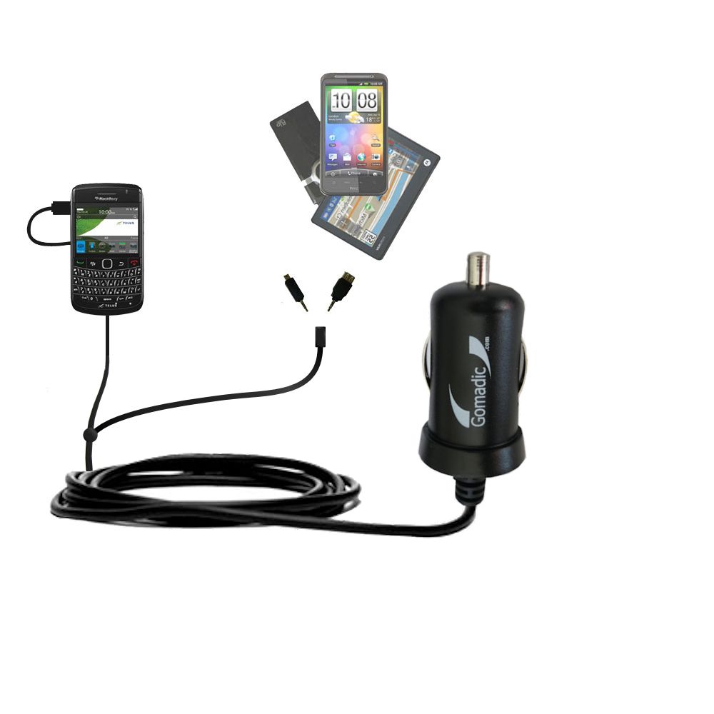 mini Double Car Charger with tips including compatible with the Blackberry Onyx 9700