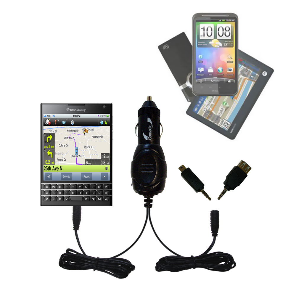 mini Double Car Charger with tips including compatible with the Blackberry Passport