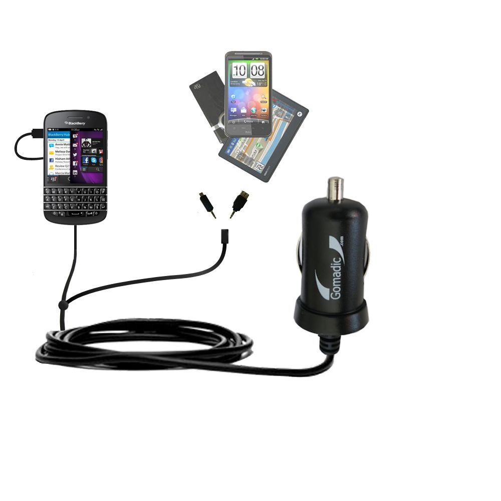 mini Double Car Charger with tips including compatible with the Blackberry Q10