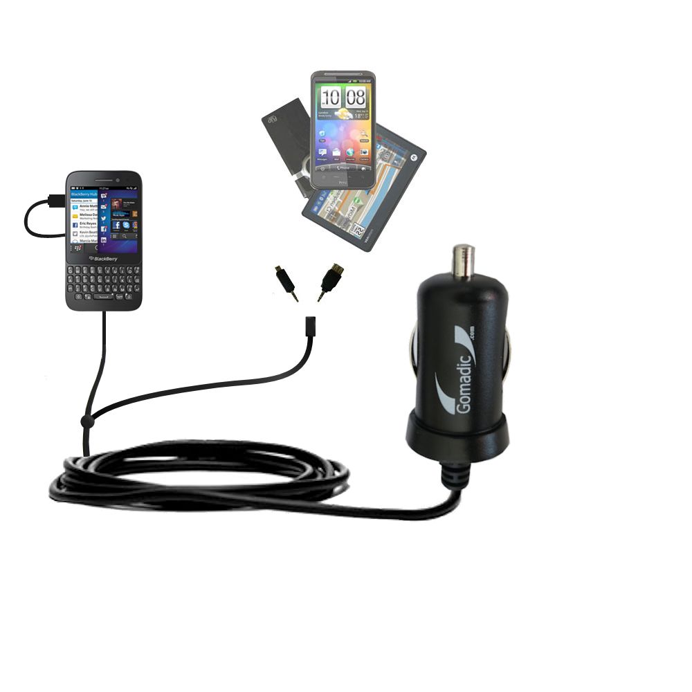 mini Double Car Charger with tips including compatible with the Blackberry Q5