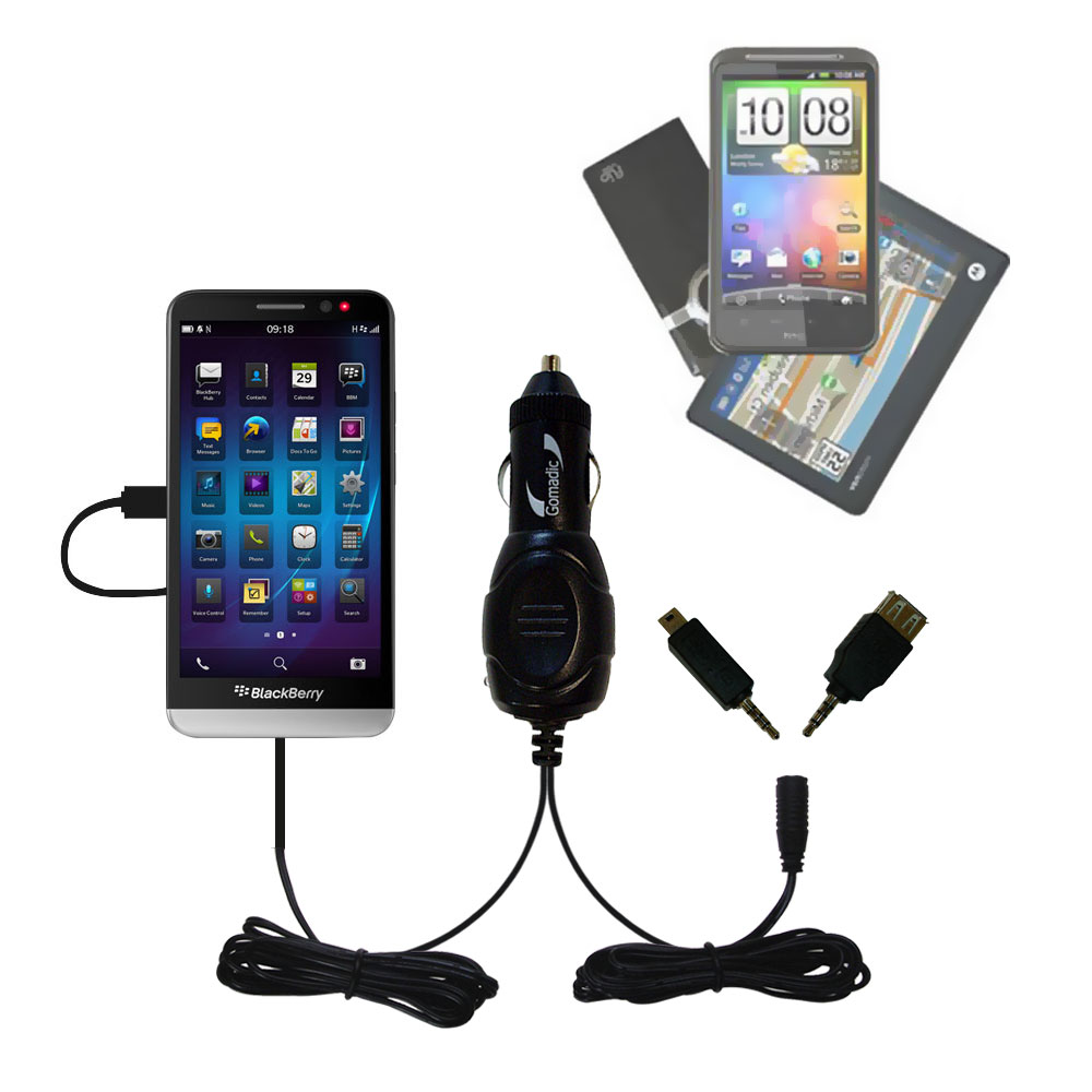 Double Port Micro Gomadic Car / Auto DC Charger suitable for the Blackberry Z30 - Charges up to 2 devices simultaneously with Gomadic TipExchange Technology