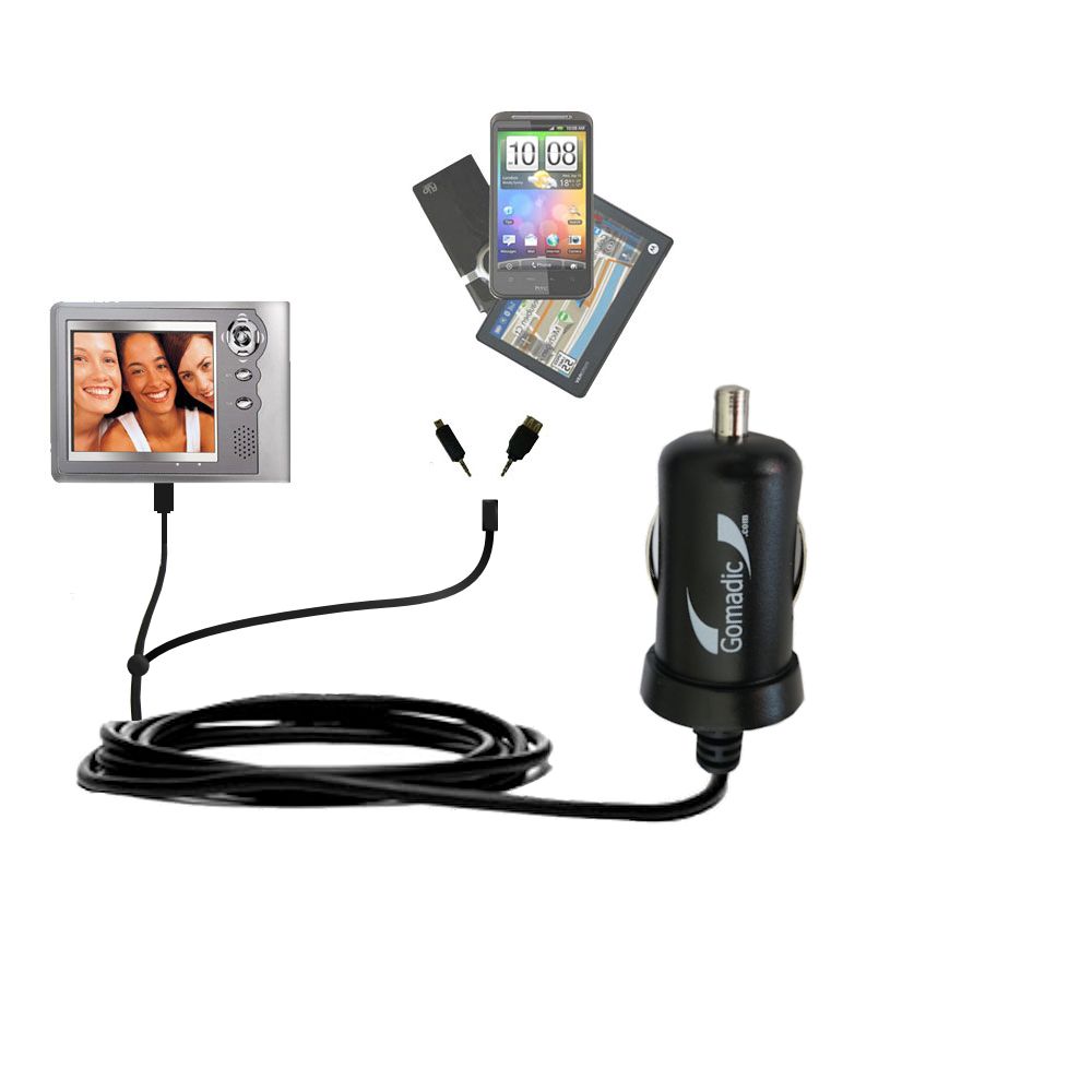 Double Port Micro Gomadic Car / Auto DC Charger suitable for the Coby PMP-3520 3521 - Charges up to 2 devices simultaneously with Gomadic TipExchange Technology
