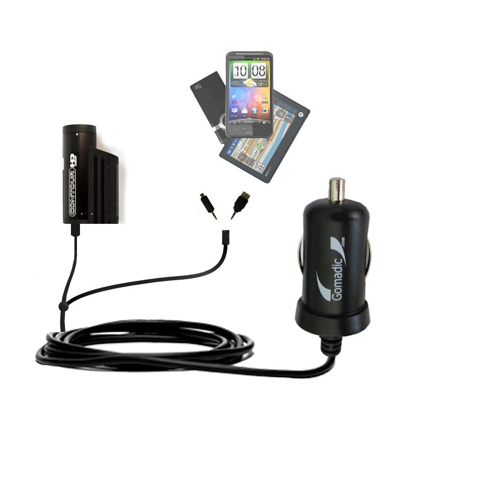 mini Double Car Charger with tips including compatible with the Contour HD / GPS / Plus / 2 / ROAM2