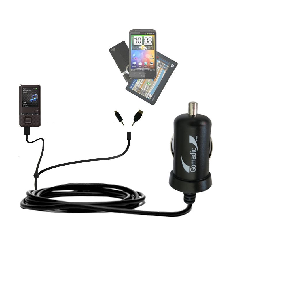mini Double Car Charger with tips including compatible with the Creative ZEN Style 100