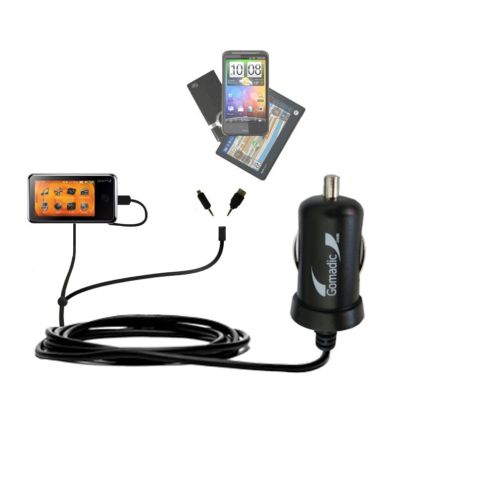 mini Double Car Charger with tips including compatible with the Creative Zen X-Fi2 Deluxe