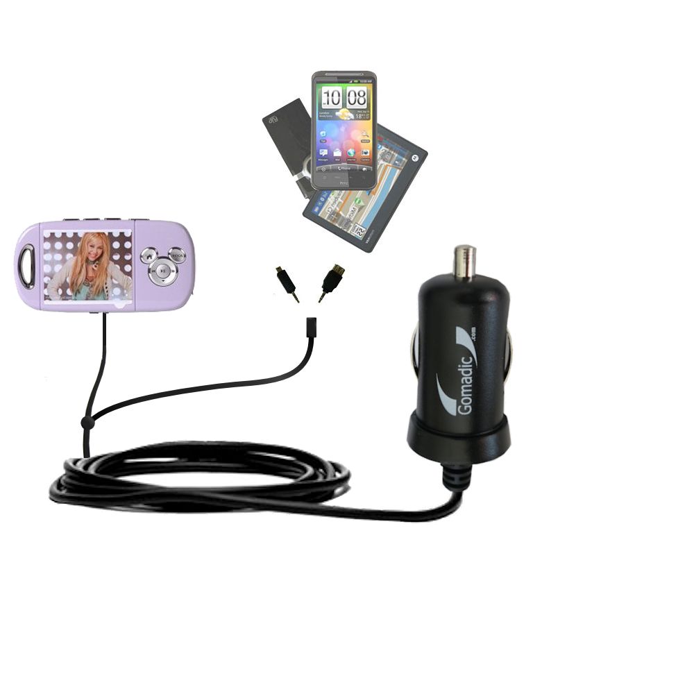 Double Port Micro Gomadic Car / Auto DC Charger suitable for the Disney Hannah Montana Mix Stick MP3 Player DS17032 - Charges up to 2 devices simultaneously with Gomadic TipExchange Technology