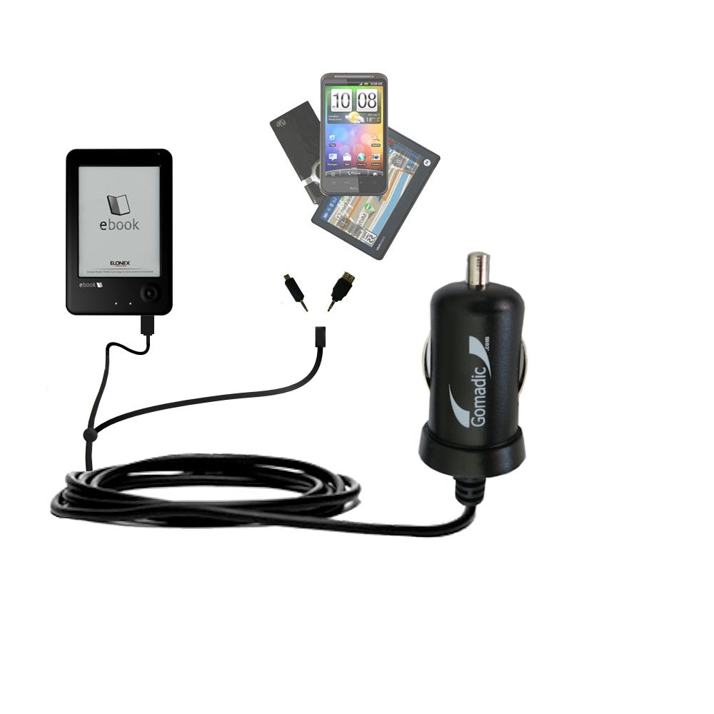 mini Double Car Charger with tips including compatible with the Elonex 621EB eInk eBook Reader