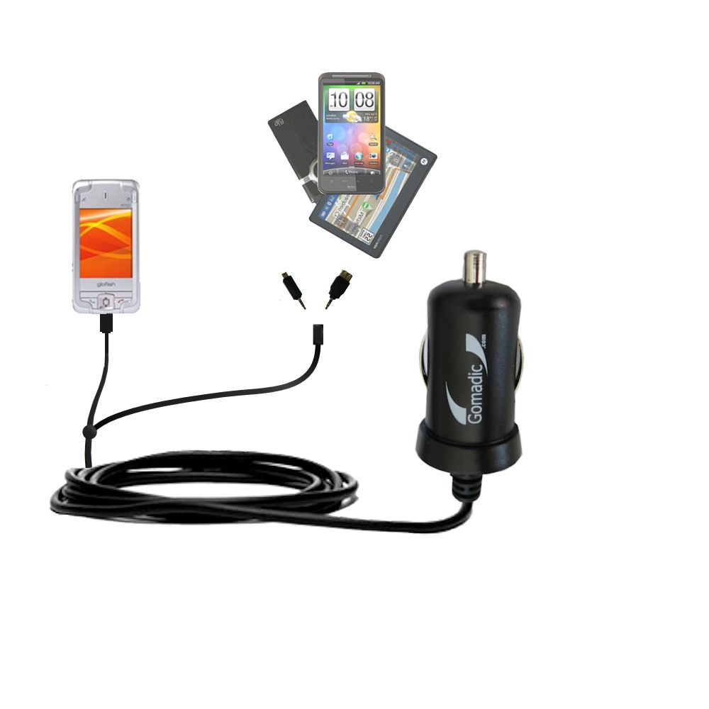 Double Port Micro Gomadic Car / Auto DC Charger suitable for the Eten Glofiish M700 - Charges up to 2 devices simultaneously with Gomadic TipExchange Technology