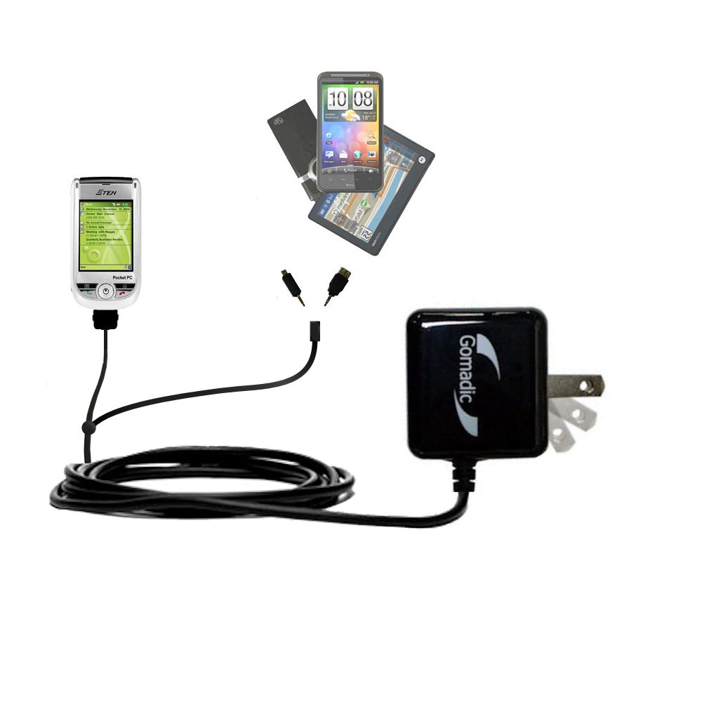 Gomadic Double Wall AC Home Charger suitable for the ETEN M500 - Charge up to 2 devices at the same time with TipExchange Technology