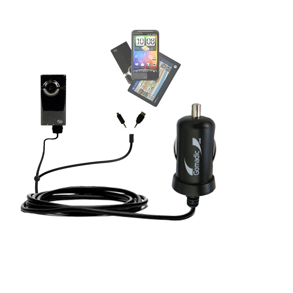 mini Double Car Charger with tips including compatible with the Pure Digital Flip Video Mino
