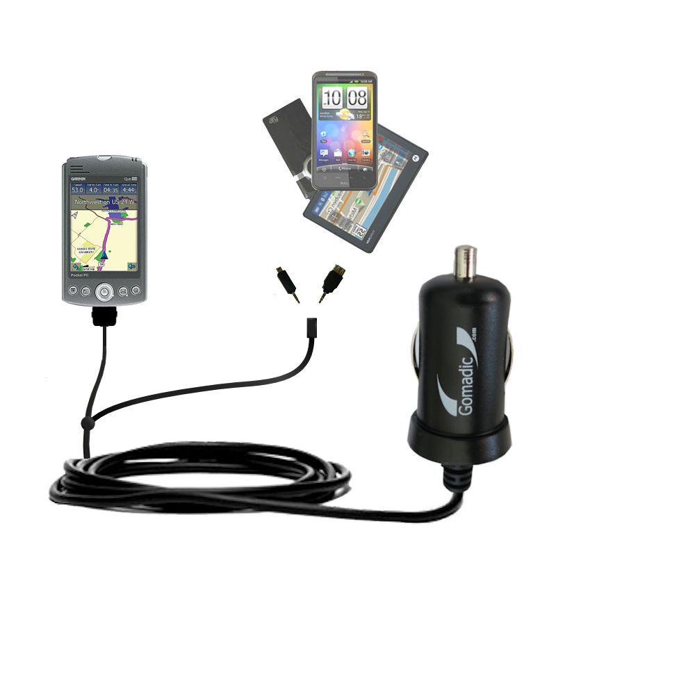 Double Port Micro Gomadic Car / Auto DC Charger suitable for the Garmin iQue M4 - Charges up to 2 devices simultaneously with Gomadic TipExchange Technology