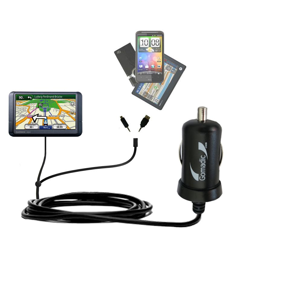 Double Port Micro Gomadic Car / Auto DC Charger suitable for the Garmin Nuvi 245WT - Charges up to 2 devices simultaneously with Gomadic TipExchange Technology