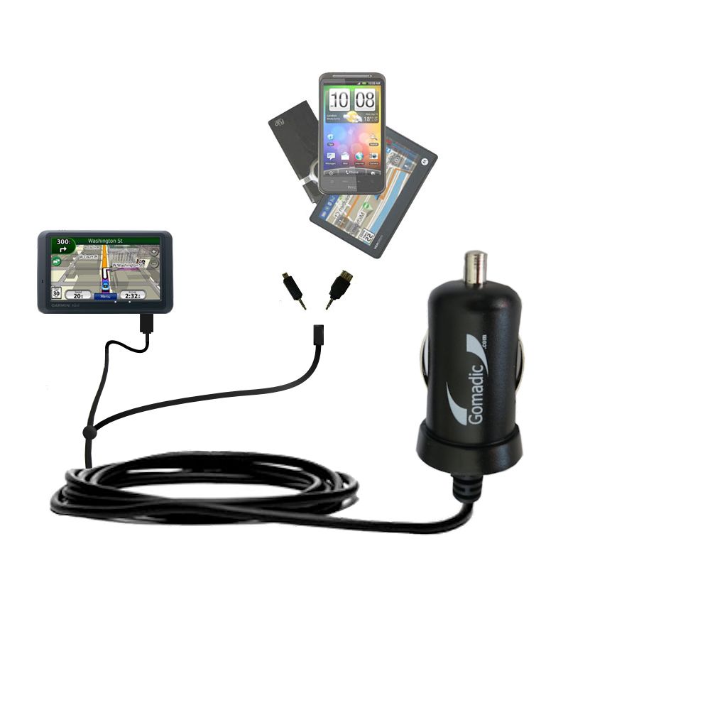 Double Port Micro Gomadic Car / Auto DC Charger suitable for the Garmin Nuvi 765TFM - Charges up to 2 devices simultaneously with Gomadic TipExchange Technology