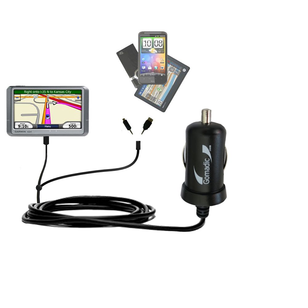Double Port Micro Gomadic Car / Auto DC Charger suitable for the Garmin Nuvi 880 - Charges up to 2 devices simultaneously with Gomadic TipExchange Technology