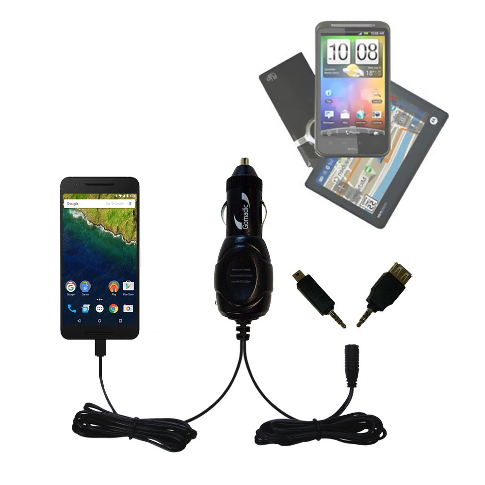 Double Port Micro Gomadic Car / Auto DC Charger suitable for the Google Nexus 6P - Charges up to 2 devices simultaneously with Gomadic TipExchange Technology