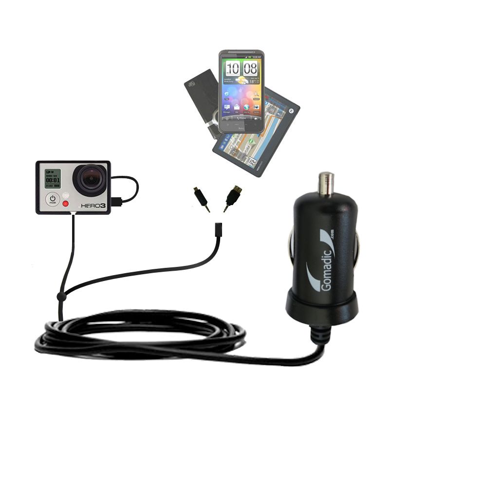 mini Double Car Charger with tips including compatible with the GoPro Hero3