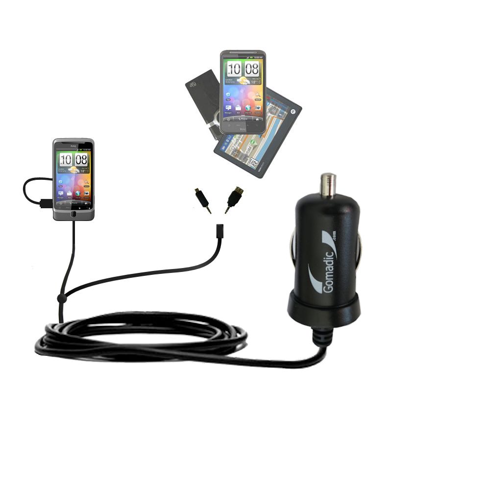 mini Double Car Charger with tips including compatible with the HTC Desire Z