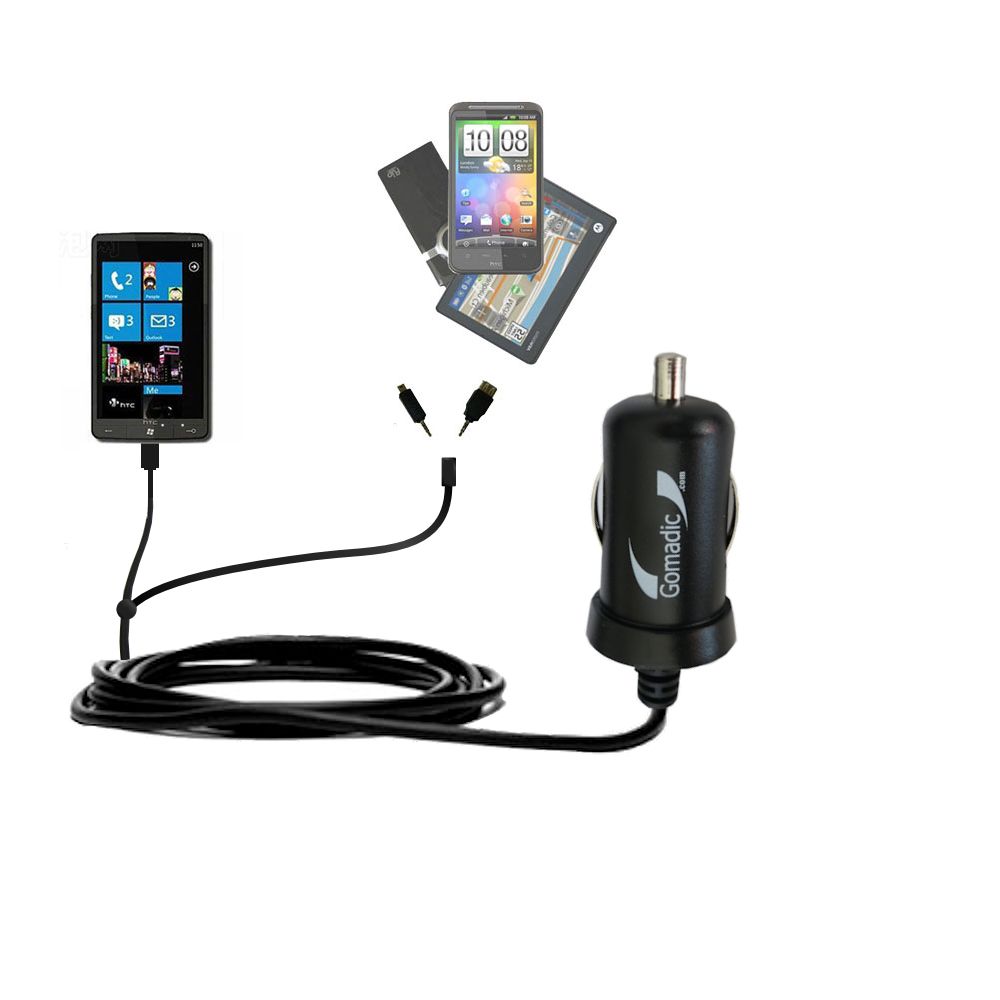 Double Port Micro Gomadic Car / Auto DC Charger suitable for the HTC HD3 - Charges up to 2 devices simultaneously with Gomadic TipExchange Technology