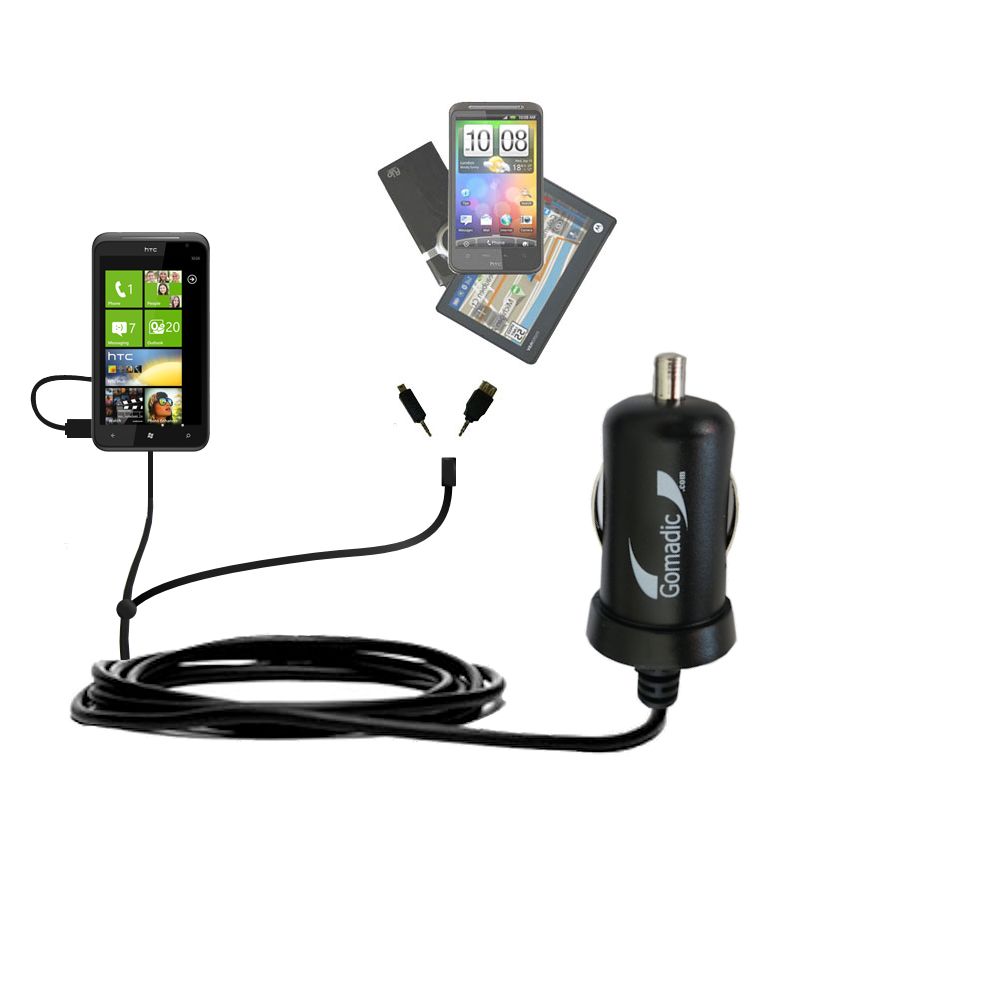 Double Port Micro Gomadic Car / Auto DC Charger suitable for the HTC Titan - Charges up to 2 devices simultaneously with Gomadic TipExchange Technology