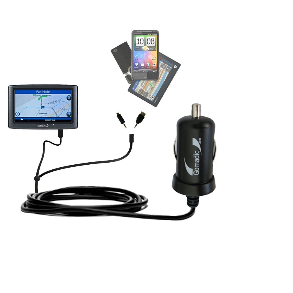 Double Port Micro Gomadic Car / Auto DC Charger suitable for the Insignia NS-NAV01 GPS - Charges up to 2 devices simultaneously with Gomadic TipExchange Technology