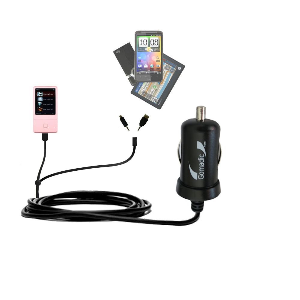 mini Double Car Charger with tips including compatible with the iRiver E100 8GB