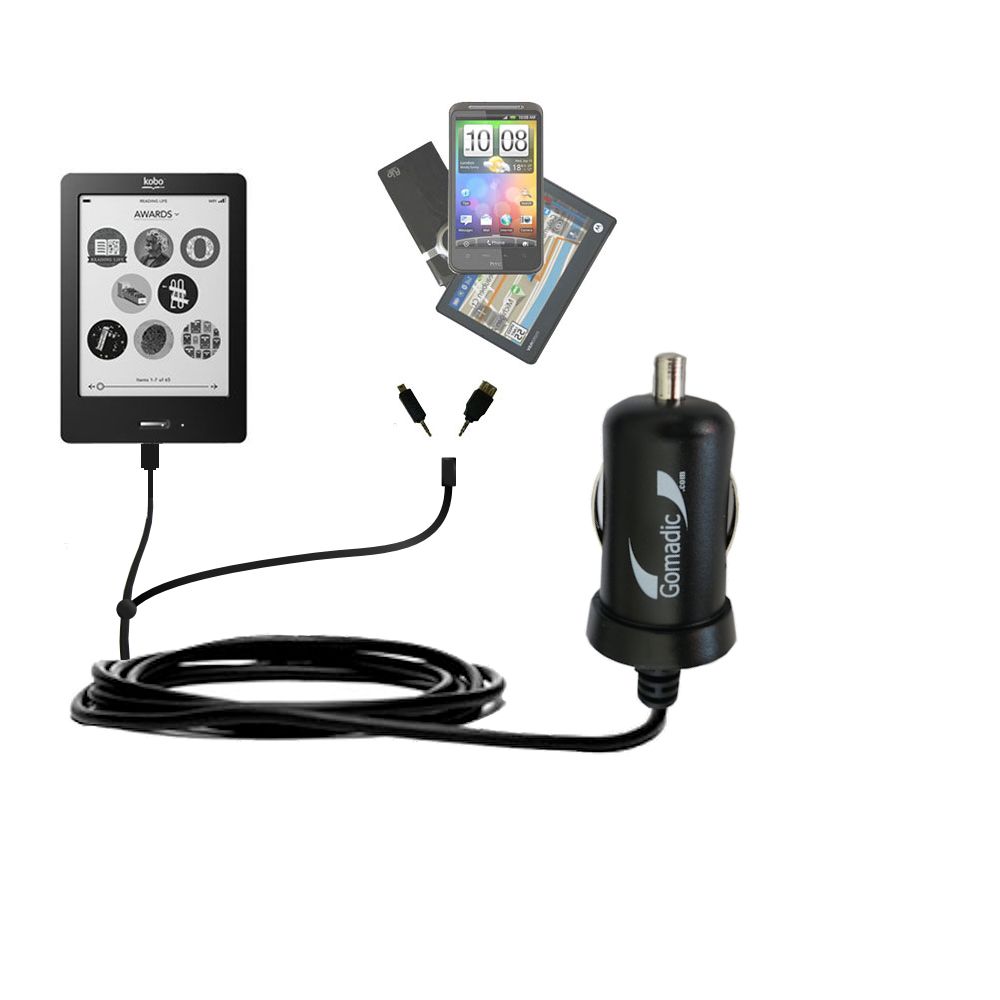 Double Port Micro Gomadic Car / Auto DC Charger suitable for the Kobo eReader Touch - Charges up to 2 devices simultaneously with Gomadic TipExchange Technology