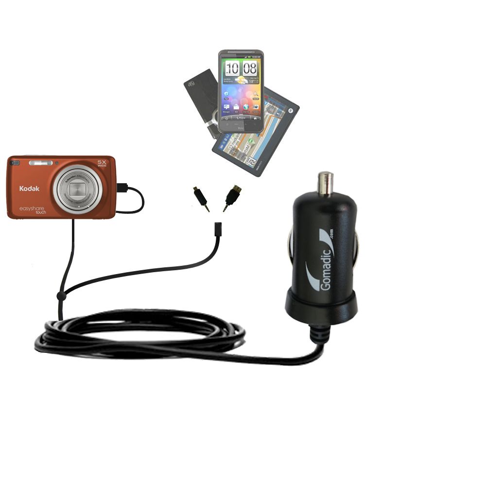 Double Port Micro Gomadic Car / Auto DC Charger suitable for the Kodak EasyShare TOUCH - Charges up to 2 devices simultaneously with Gomadic TipExchange Technology