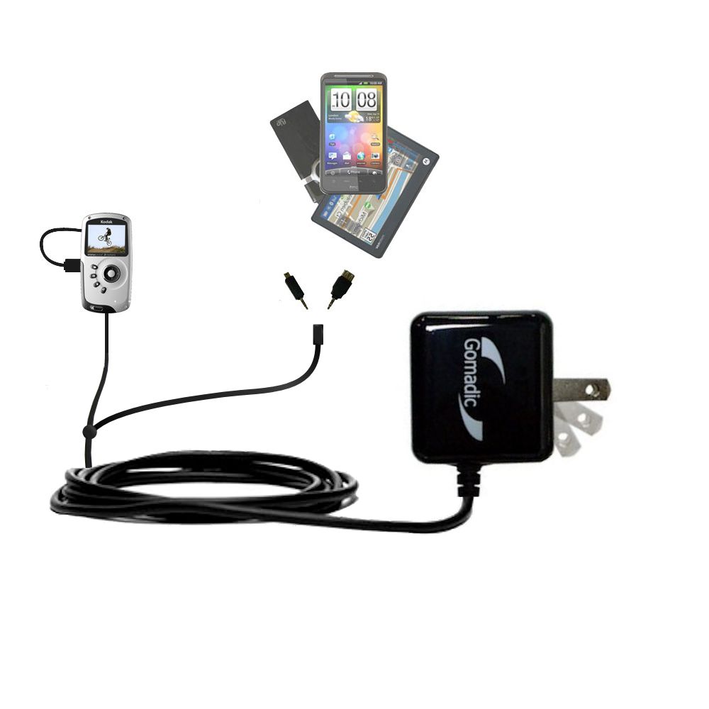 Gomadic Double Wall AC Home Charger suitable for the Kodak Playsport Zx3 - Charge up to 2 devices at the same time with TipExchange Technology