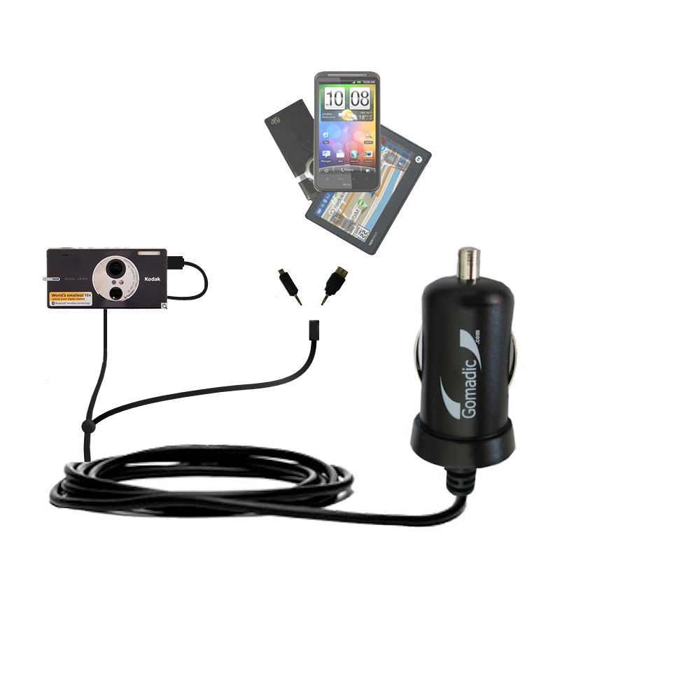Double Port Micro Gomadic Car / Auto DC Charger suitable for the Kodak V610 - Charges up to 2 devices simultaneously with Gomadic TipExchange Technology